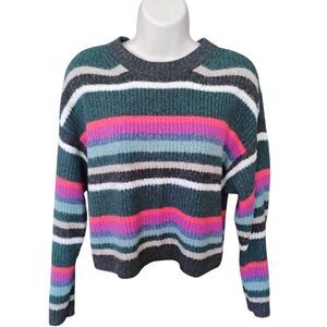 American Eagle Striped Pullover Sweater Small S Cropped AE Teal Blue Pink